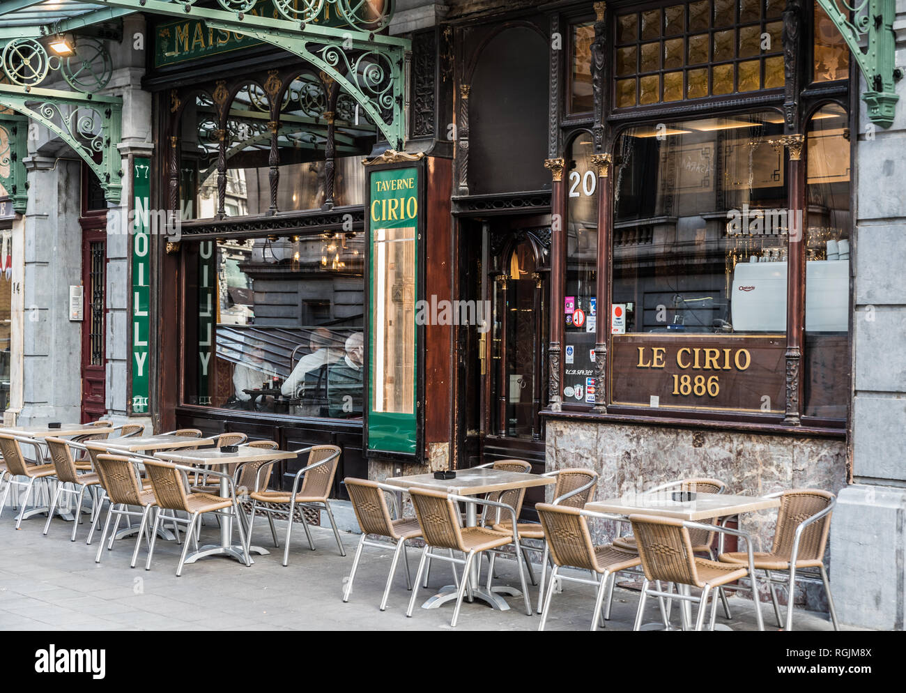 Brussels, Belgium - 01 18 2019: Decorated facade and terrace of the cafe and restaurant Le Cirio in Art Nouveau style Stock Photo