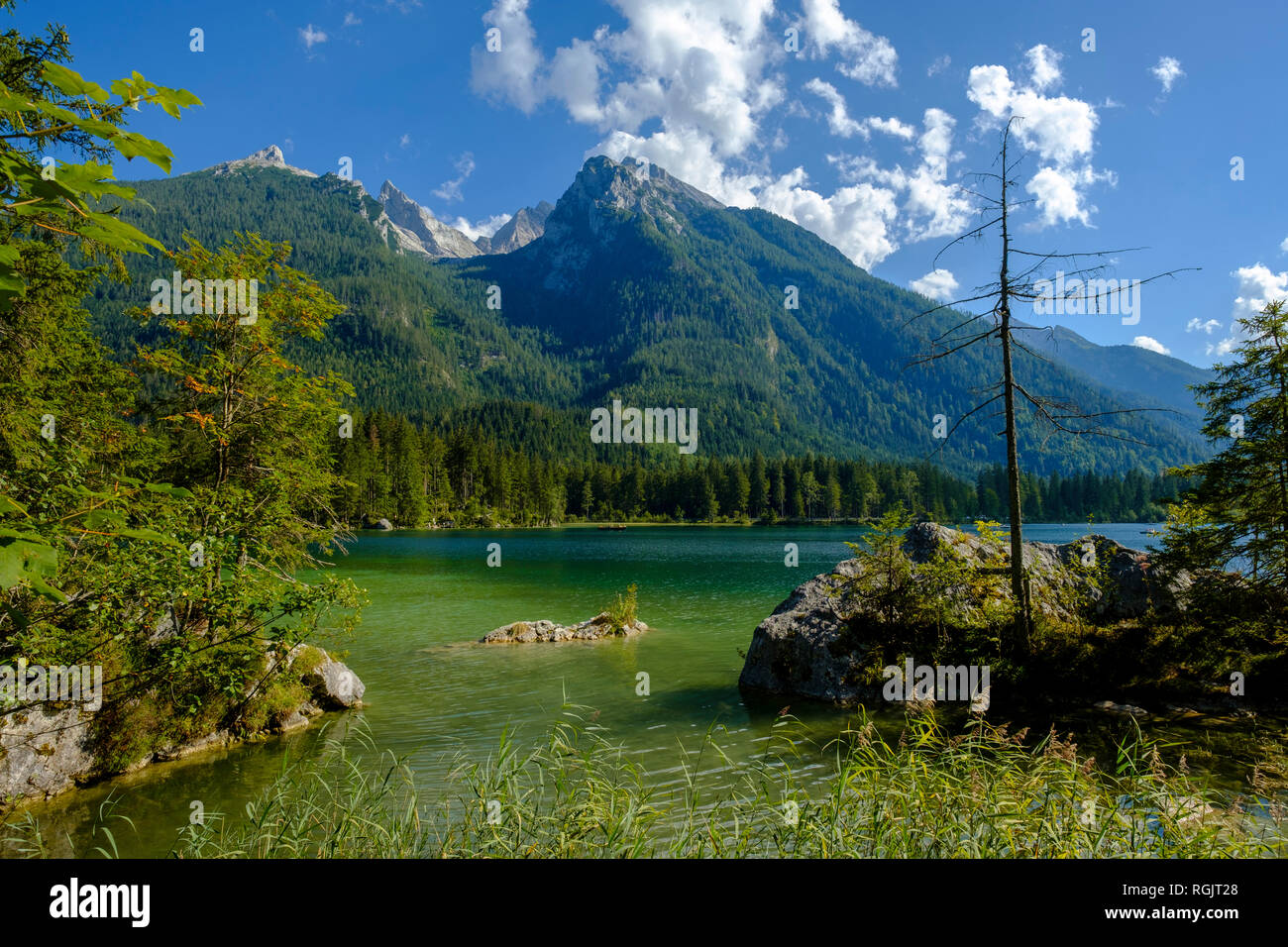 Germany, Bavaria, Upper Bavaria, Berchtesgadener Land, Ramsau, Berchtesgaden National Park, Lake Hintersee, Hochkalter mountain Stock Photo