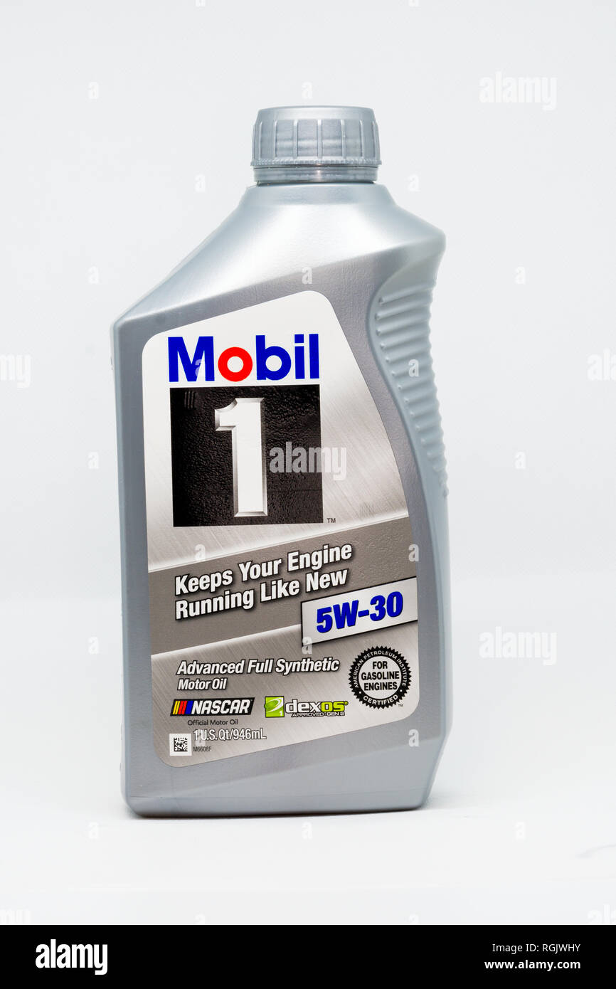 ST. PAUL, MN/USA - JANUARY 27, 2019: Mobil 1synthetic motor oil container. Mobil 1 is a brand of synthetic motor oil and other automotive lubrication  Stock Photo
