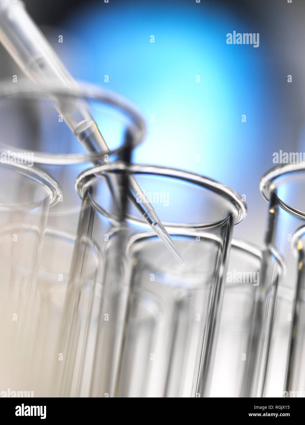 Scientist pipetting a sample into a test tube during a experiment in the laboratory Stock Photo