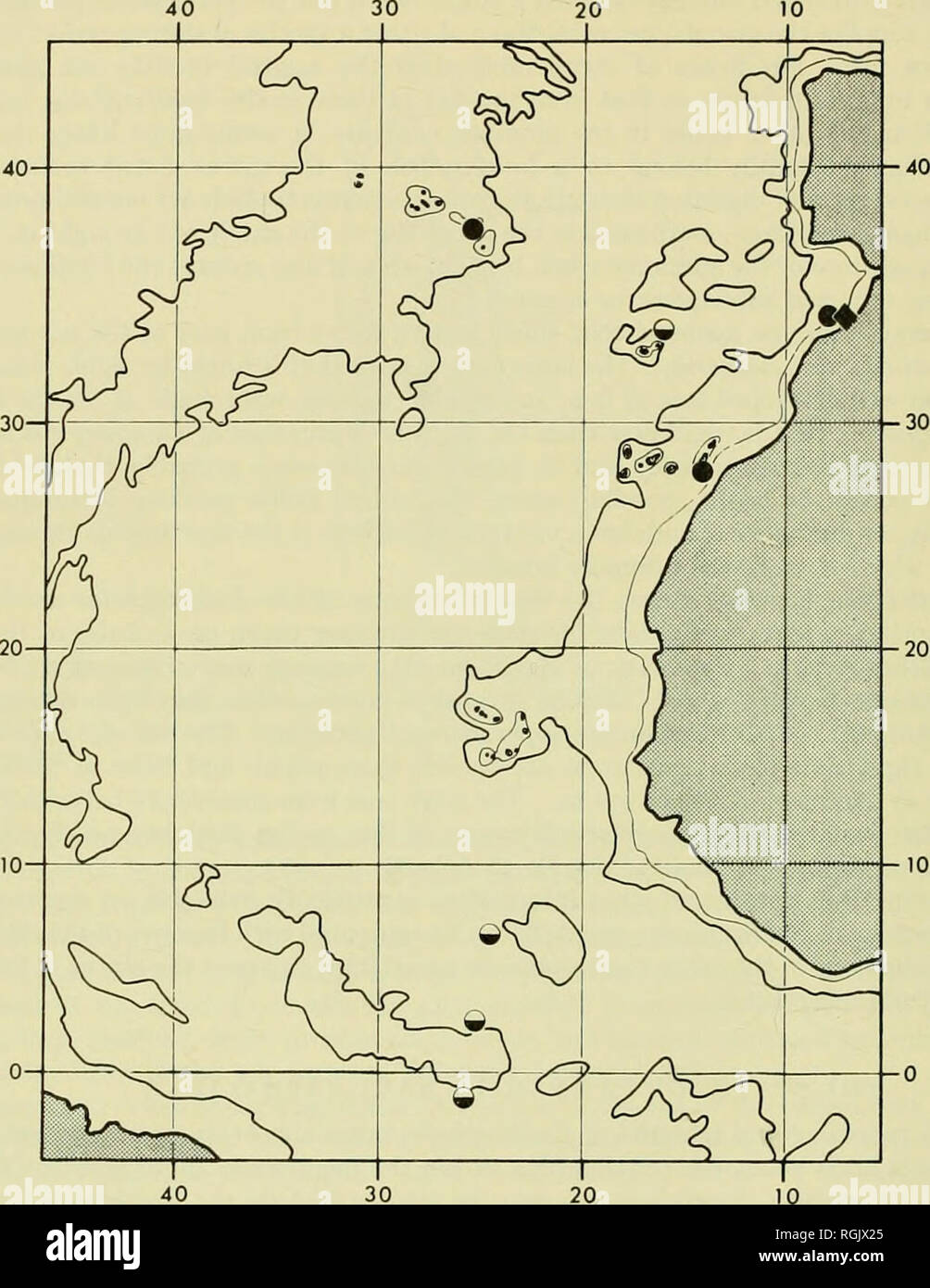 . Bulletin of the British Museum (Natural History). 198 C.M.H.HARRISSON&amp;G.PALMER. Fig. 6. Map of the central region of the eastern basin of the North Atlantic, showing stations at which specimens of R. elongattis are supposed to have been taken. ? = 1917 holotype which coincides with the solid disc indicating the collection position of the &quot; Discovery &quot; neotype. • = the two smaller &quot; Discovery &quot; specimens. © = &quot; Walter Herwig &quot; stations for unsorted taeniosome material believed to be R. elongatus (Krefft in litt.). Shaded areas indicate land. 100 and 2,000 fm. Stock Photo