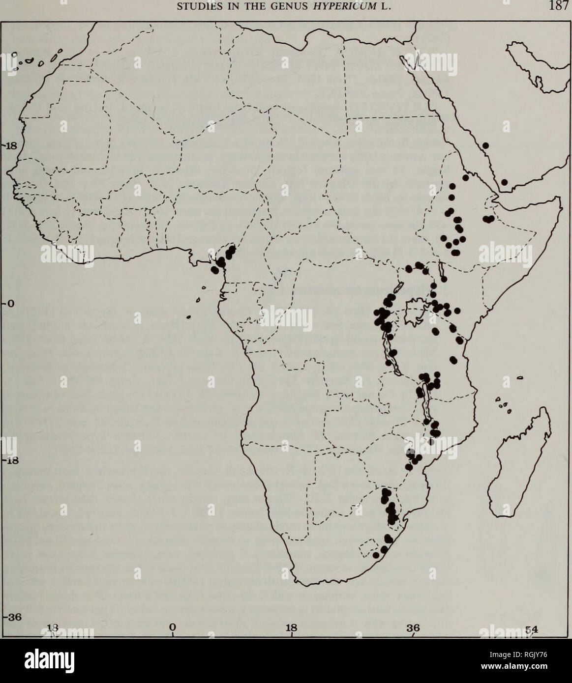 . Bulletin of the British Museum (Natural History) Botany. STUDIES IN THE GENUS HYPERICUM L. Map 2 Sect. 1. Campylosporus: 2b. H. revolutum subsp. revolutum. m, 22.xi.1958, Robson &amp; Angus 246 (BM, K). Central: Dedza, Chongoni Mtn, c. 2100 m, 29.v. 1960, Chapman 722 (BM), 722a (K). Southern: Zomba Plateau, by Chingwe'sHole, 1880 m, 11.ii. 1970, Brummitt &amp; Banda 8514 (K). ZAMBIA. Eastern: Nyika Plateau, 1-6 km N. of Rest House, 2100 m, 27.xi.1955, Lees 95 (K). [Central: Broken Hill, xi.1928, van Hogsen 1231 (PRE), probably wrong location]. ZIMBABWE. Eastern: Umtali, rim of Umkarara Valle Stock Photo