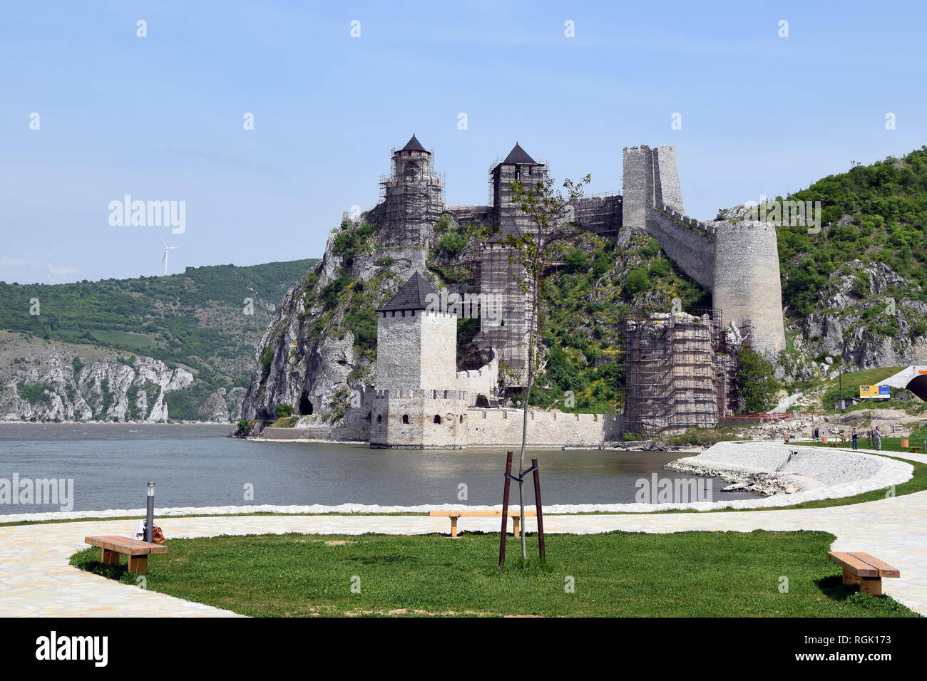 Renovation of the Golubac fortress. Serbia, Balkans. Stock Photo