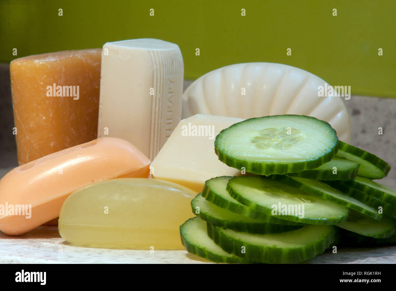 variety of natural soaps and sliced cucumber Stock Photo