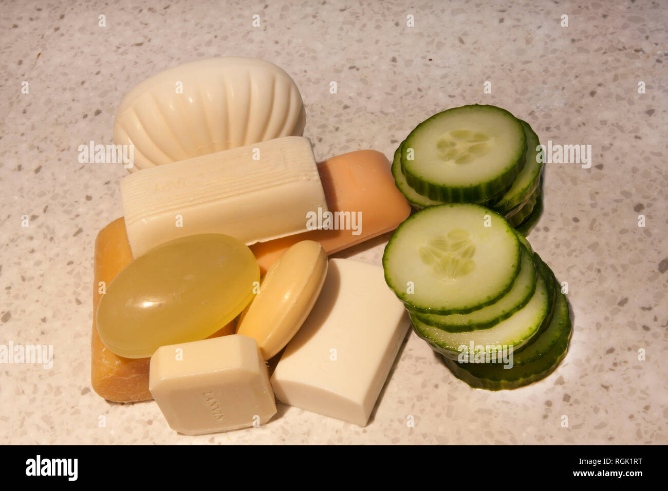 variety of natural soaps and sliced cucumber Stock Photo