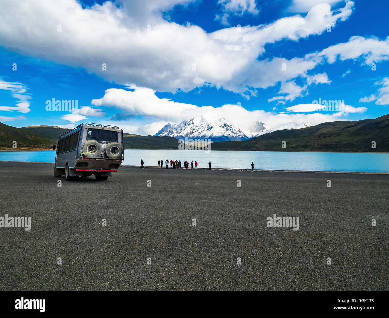 Chile, Patagonia, Magallanes y la Antartica Chilena Region, Torres del Paine National Park, Cuernos del Paine, Tourists at Laguna Amarga Stock Photo