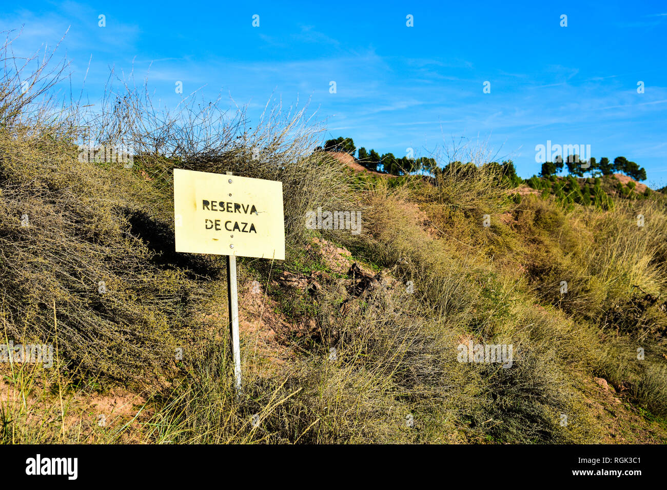 Hunting reserve signal in Spain. Sunny day. Leaky and rusty metal plate. Scrub and bushes Stock Photo
