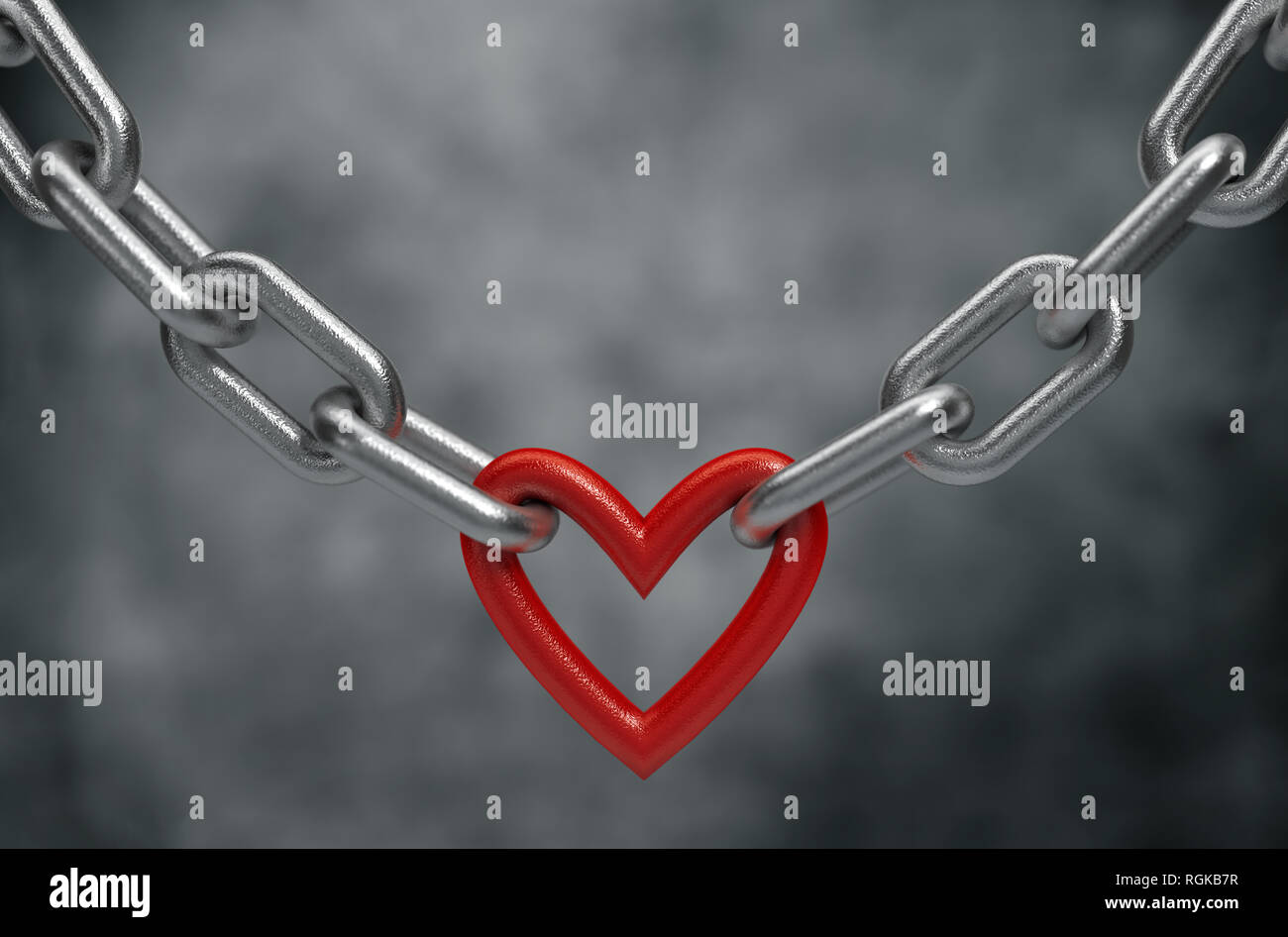 Red heart held by a steel chain background Stock Photo