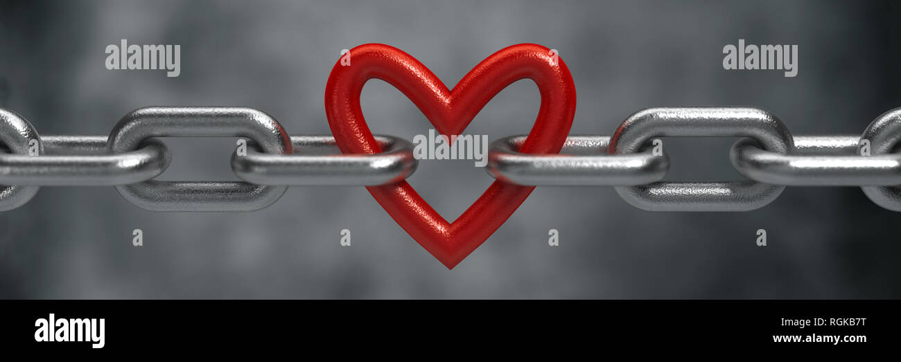 Red heart held by a steel chain background Stock Photo