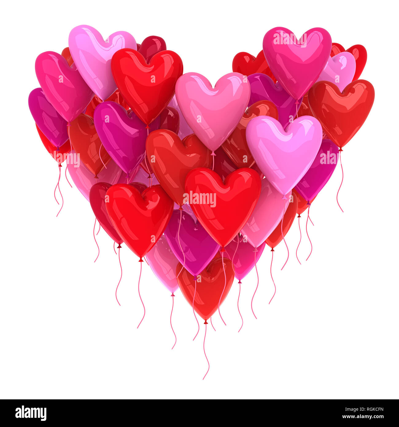 Bunch of red and pink balloons in the shape of a heart isolated on white - 3d render Stock Photo