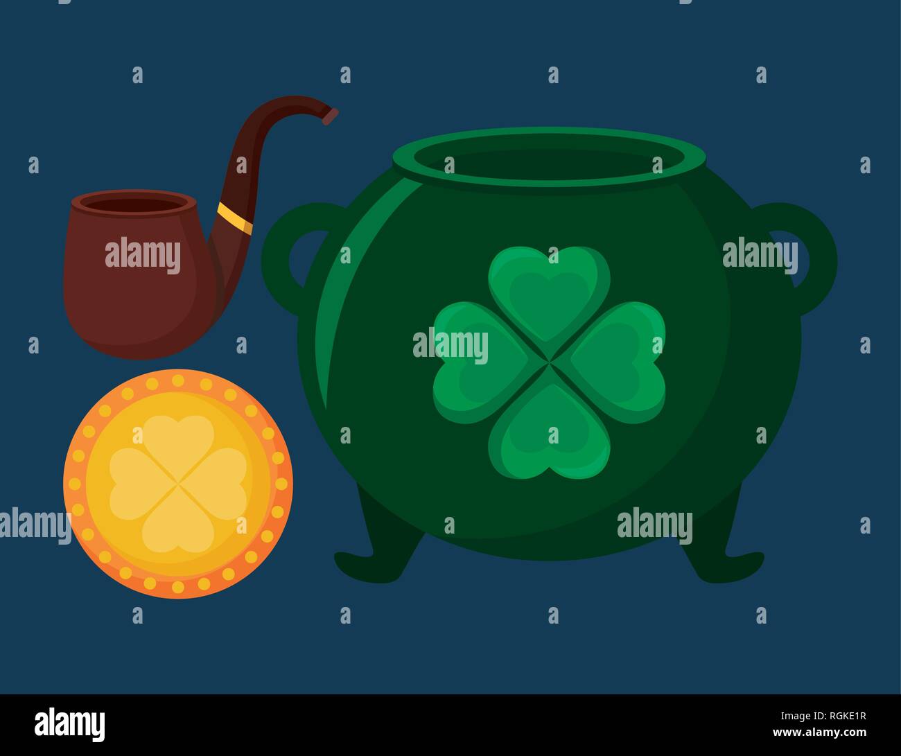 leprechaun cauldron with coin and pipe wooden vector illustration ...