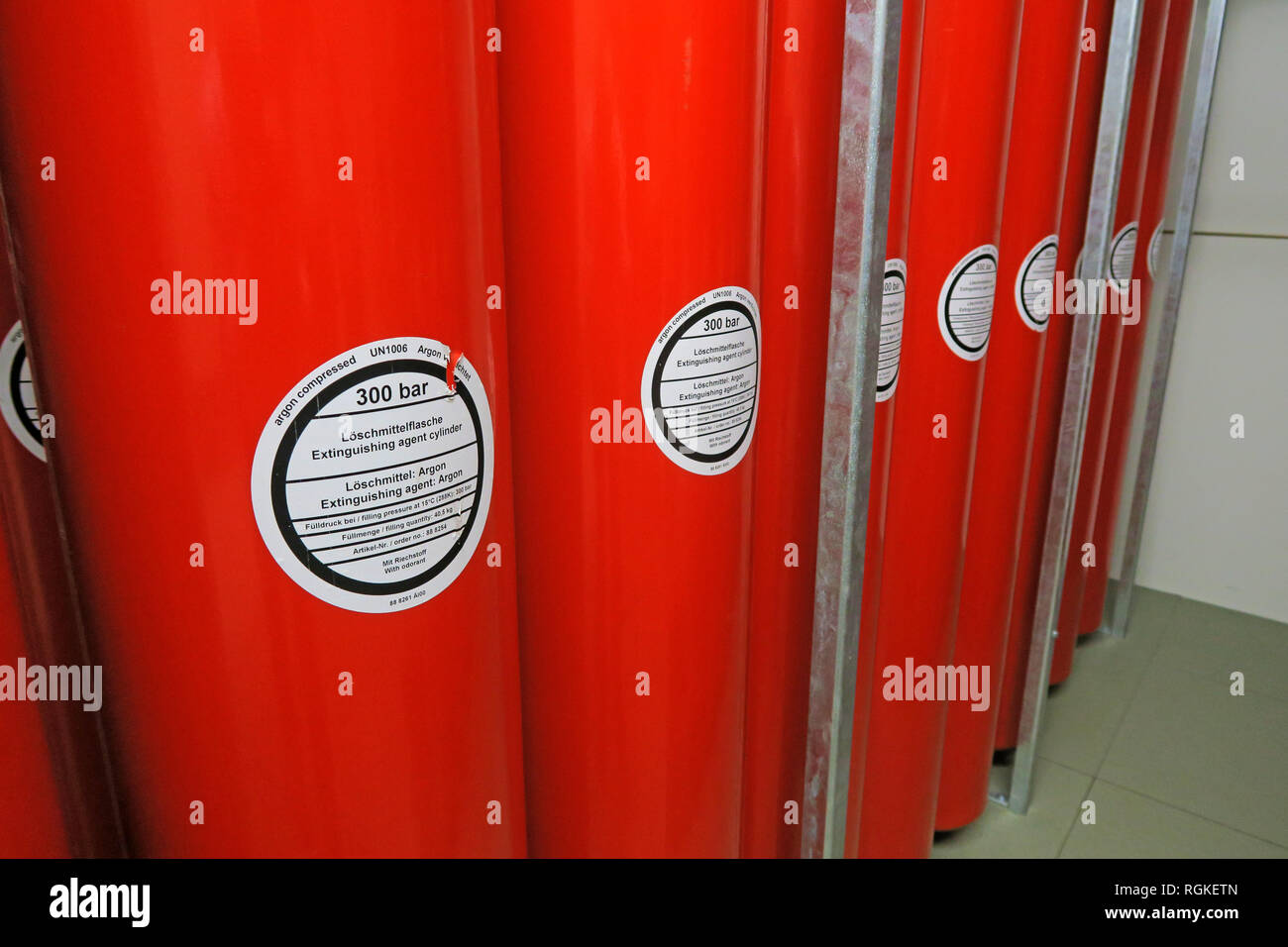 Heavy compressed Argon Gas Cylinders in a cloud data storage centre, Mainz, Rhineland-Palatinate, Germany, Europe Stock Photo