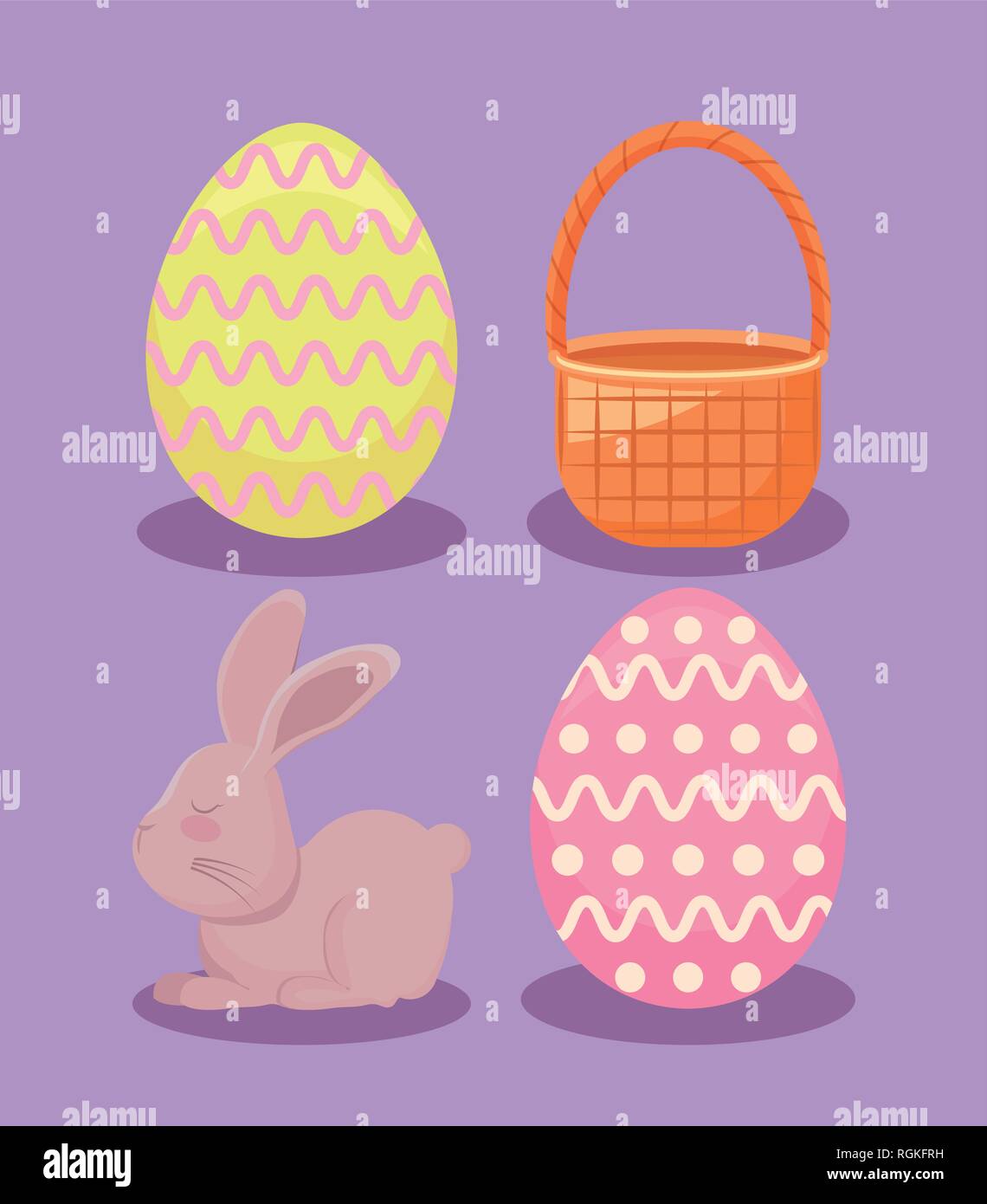 cute rabbit with decorated eggs and basket wicker for easter day vector ...