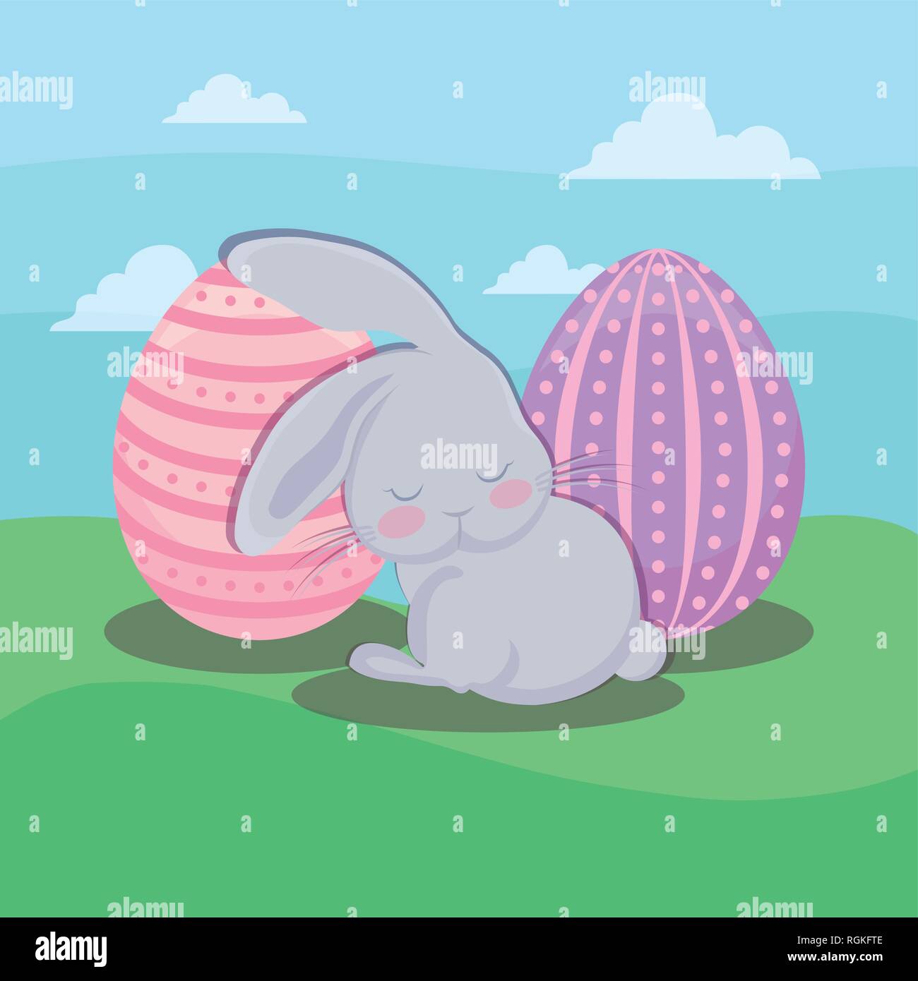 happy easter day card with cute rabbit and eggs vector illustration ...