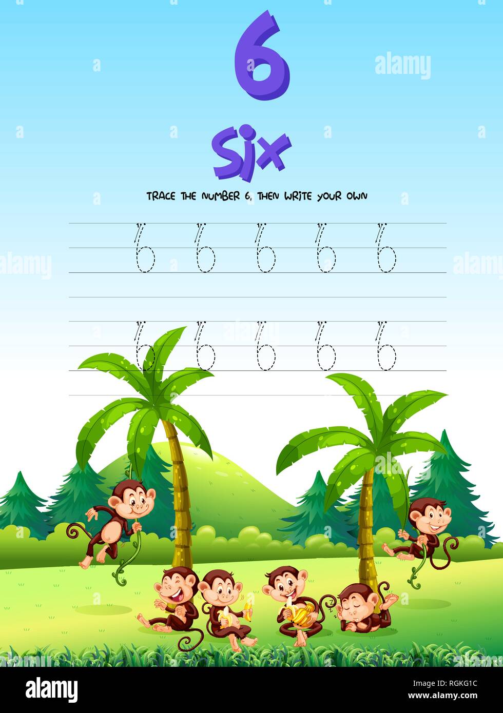 Number five tracing worksheets illustration Stock Vector