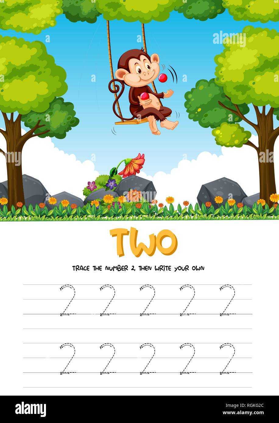 Number five tracing worksheets illustration Stock Vector