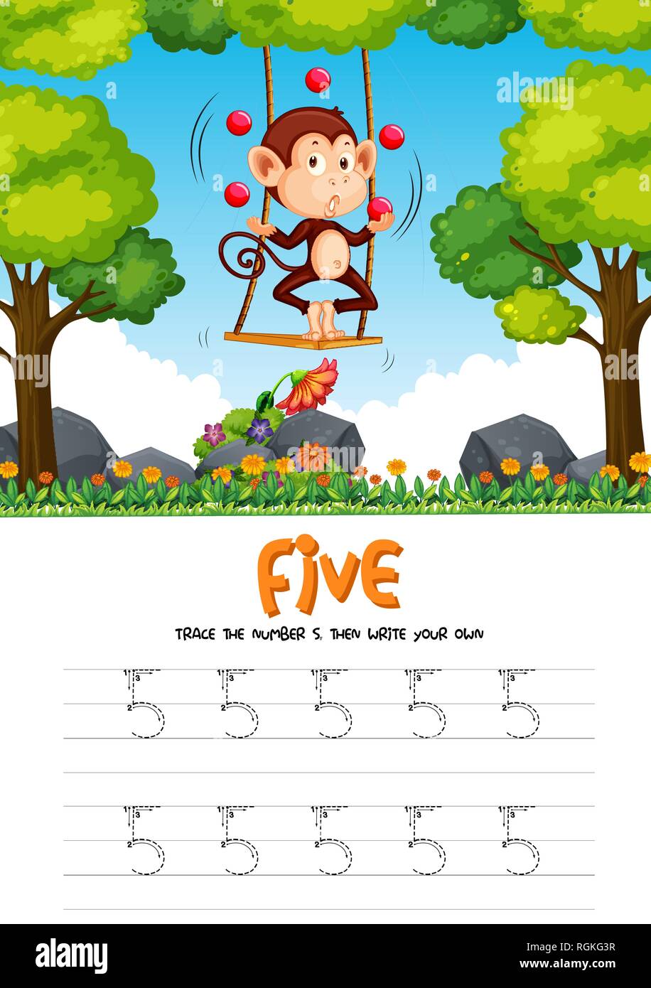 Number five tracing worksheets illustration Stock Vector