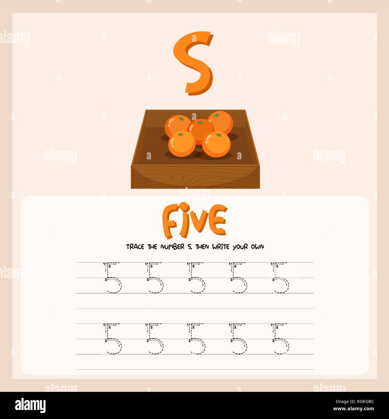 Number five tracing worksheets illustration Stock Vector