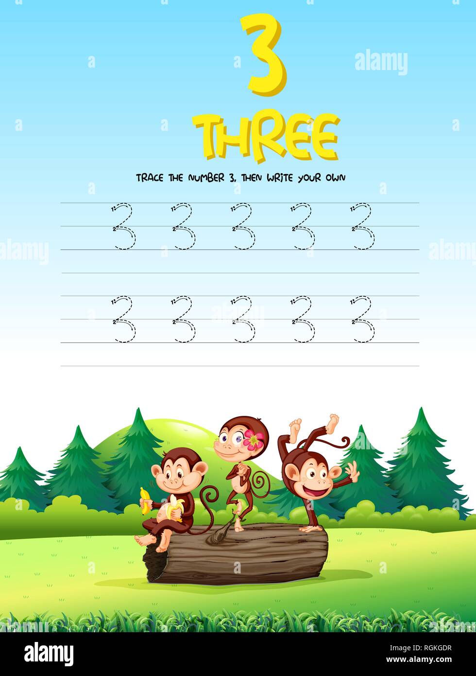 Number three tracing worksheets illustration Stock Vector