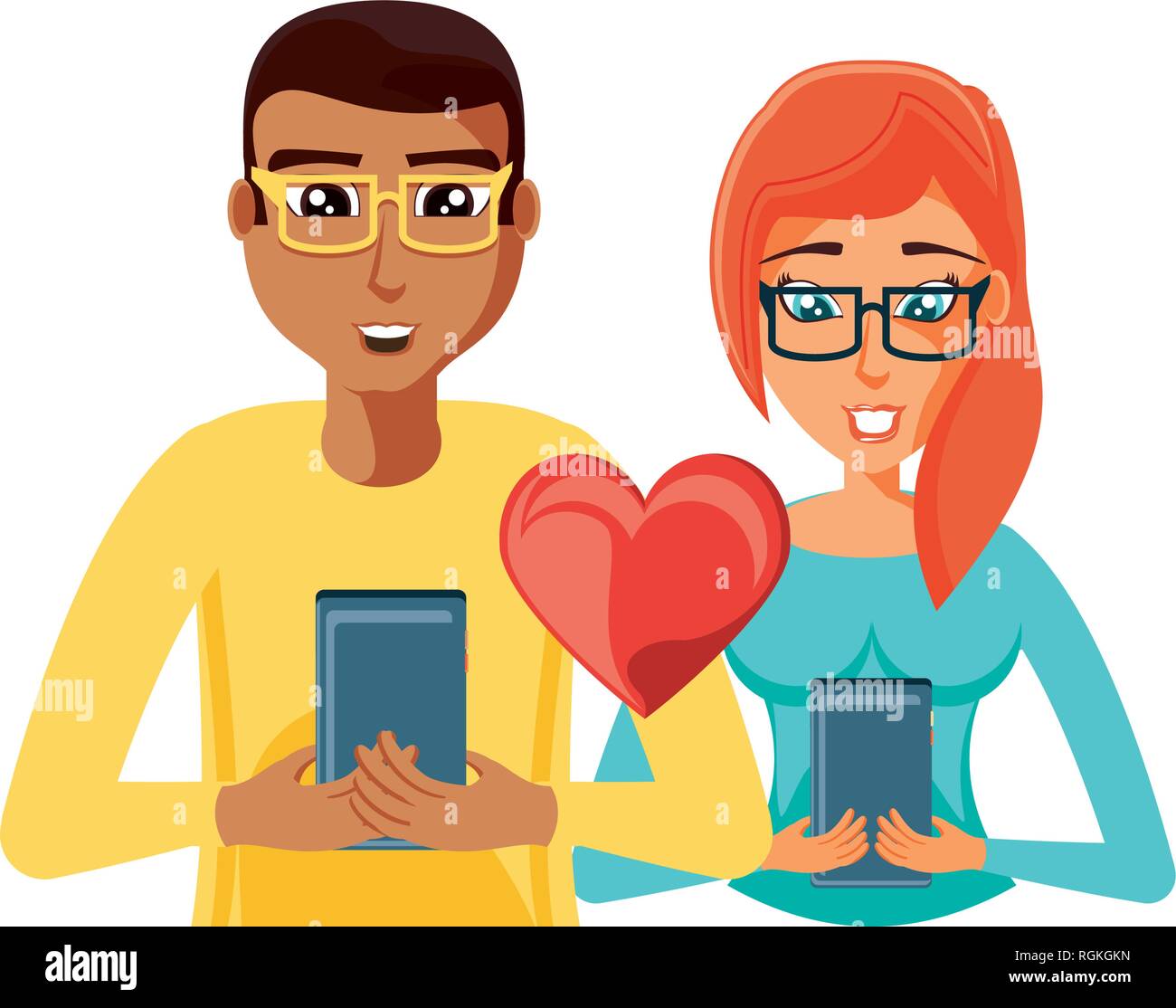 young couple with smartphones and earth love vector illustration design Stock Vector