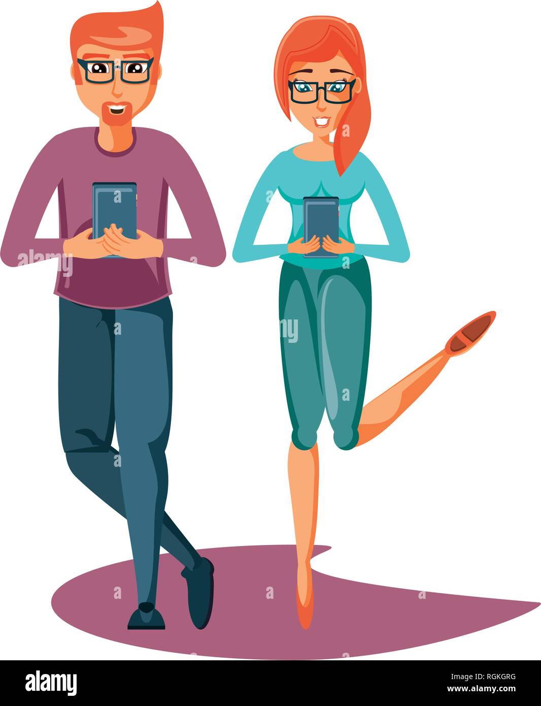 young couple with smartphones devices vector illustration design Stock Vector