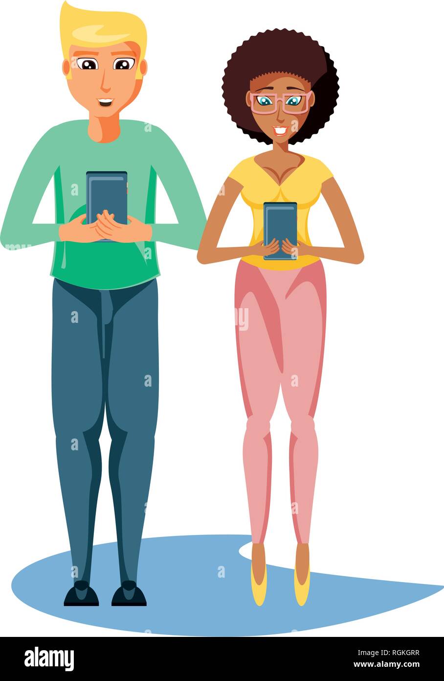 young couple with smartphones devices vector illustration design Stock Vector