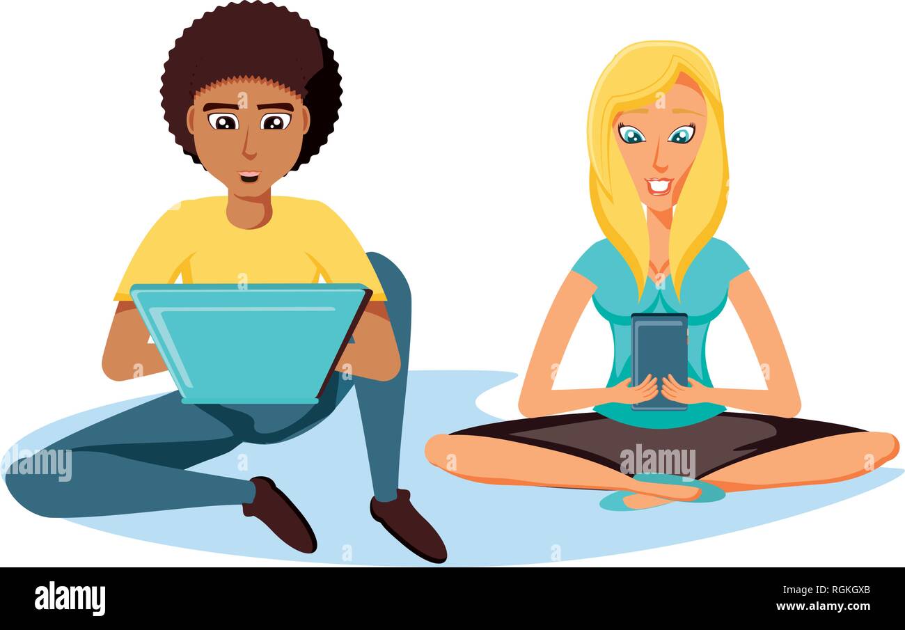 young couple sitting with technological devices vector illustration ...