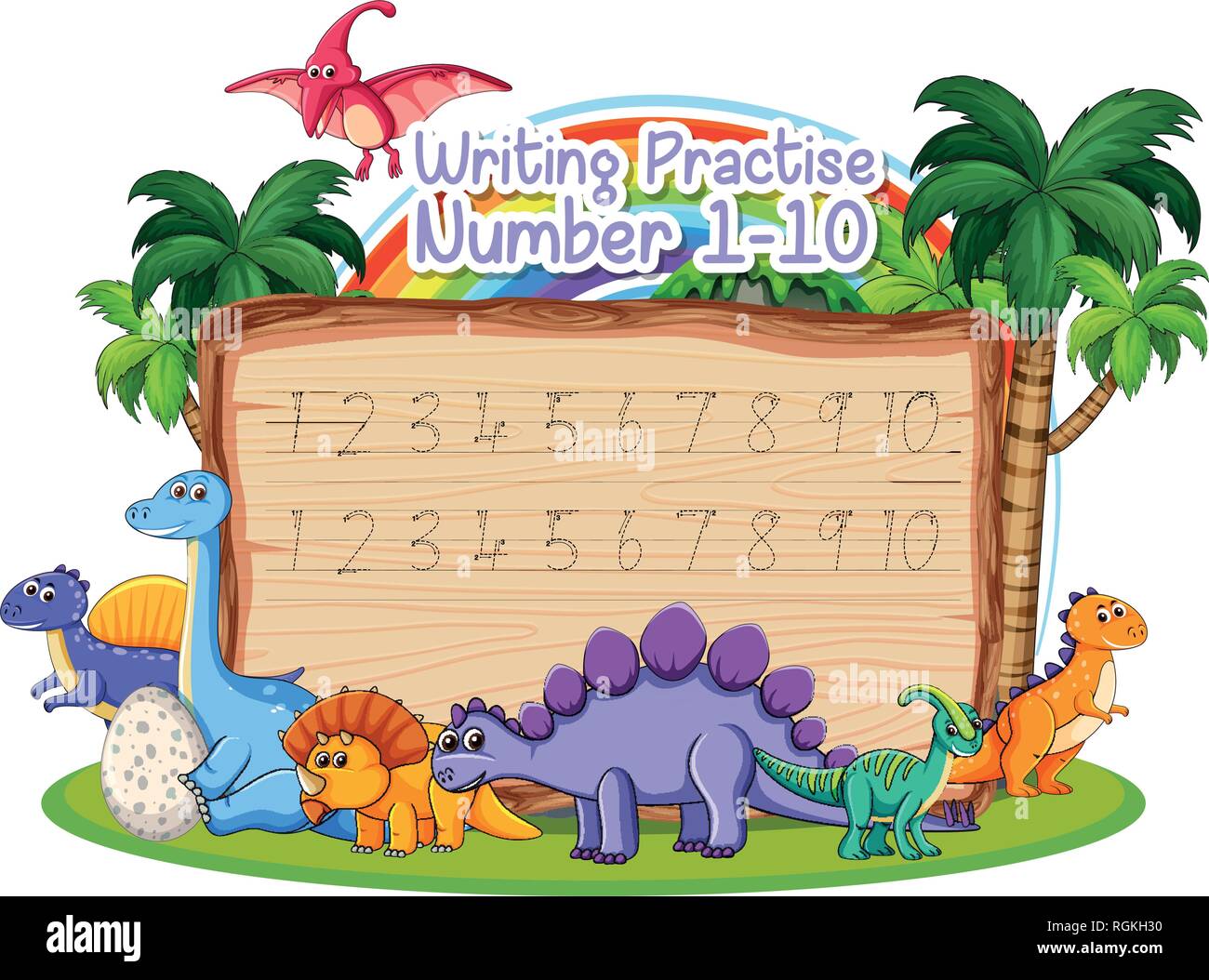 Writing number practice dinosaur theme illustration Stock Vector