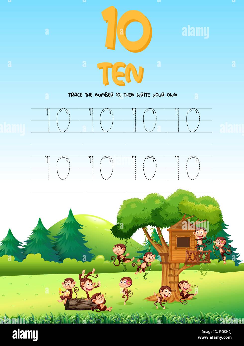 Number five tracing worksheets illustration Stock Vector