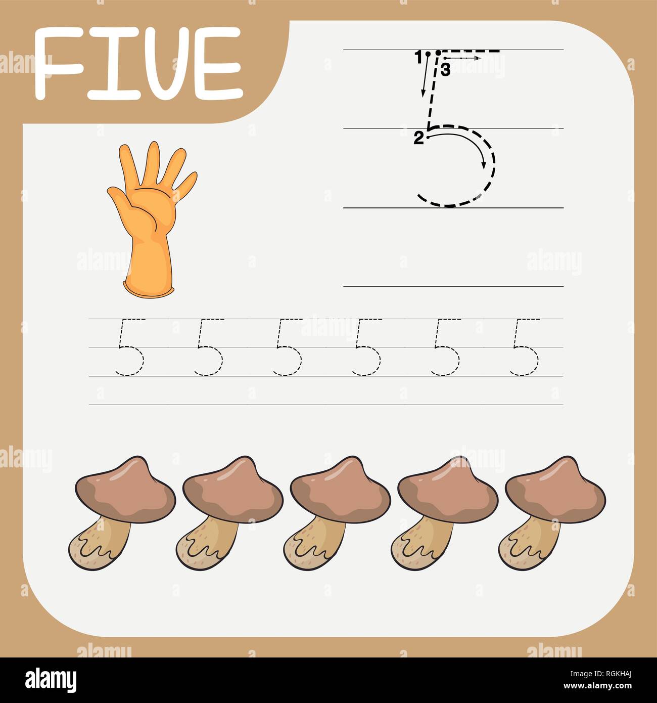 Number five tracing worksheets illustration Stock Vector