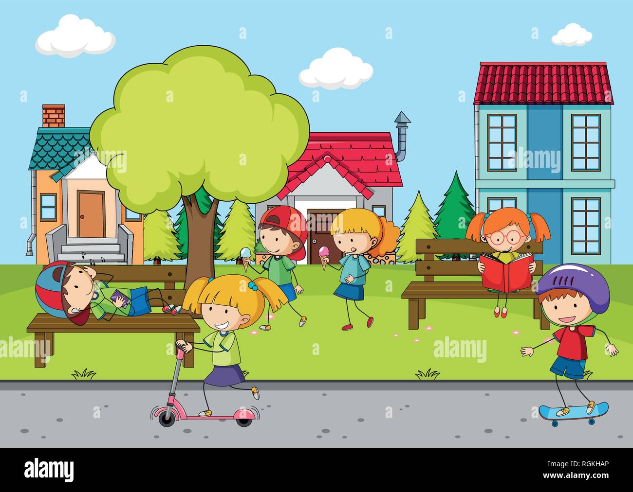 Children playing in front of the house illustration Stock Vector Image ...