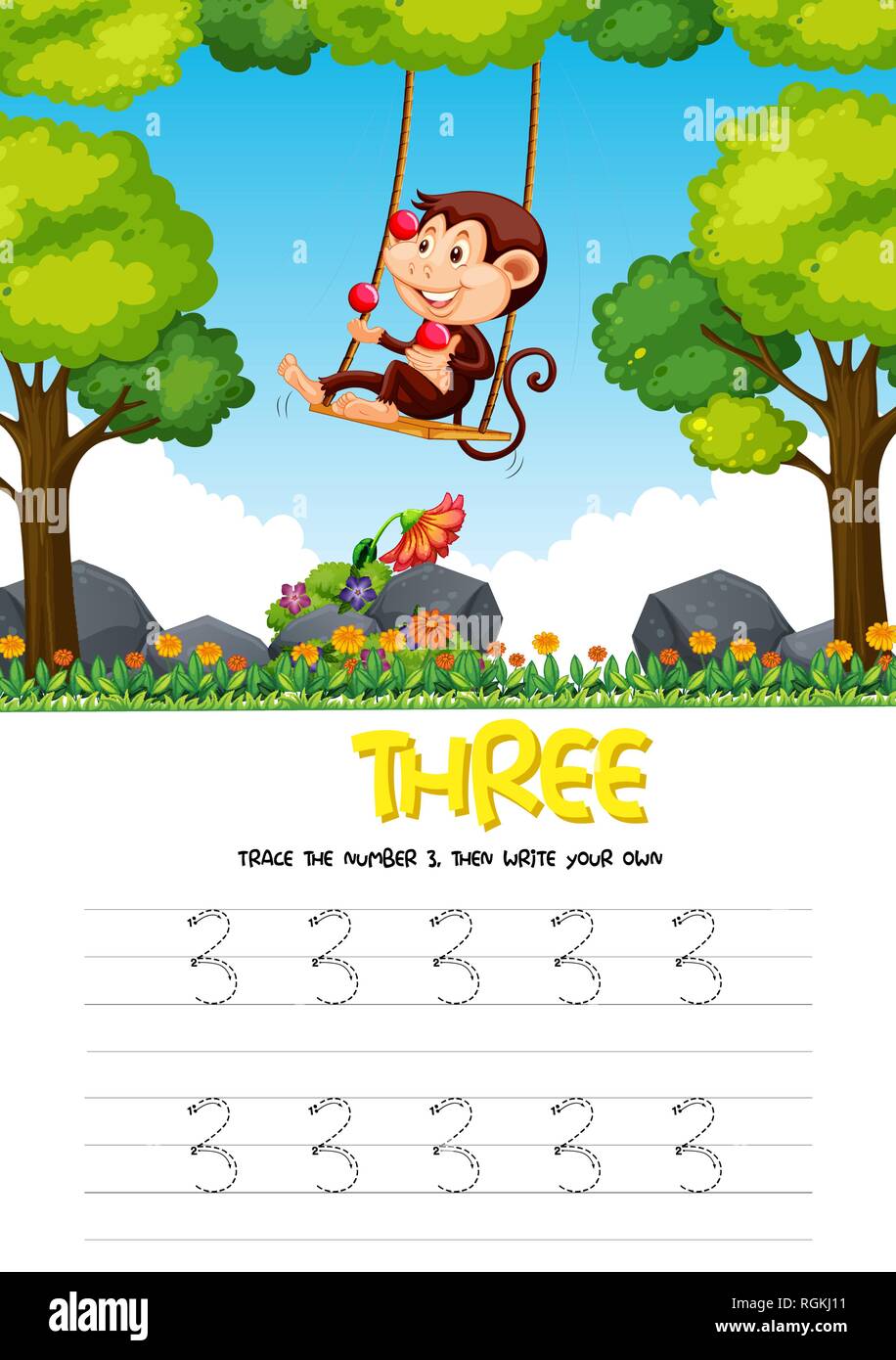 Number three tracing worksheets illustration Stock Vector