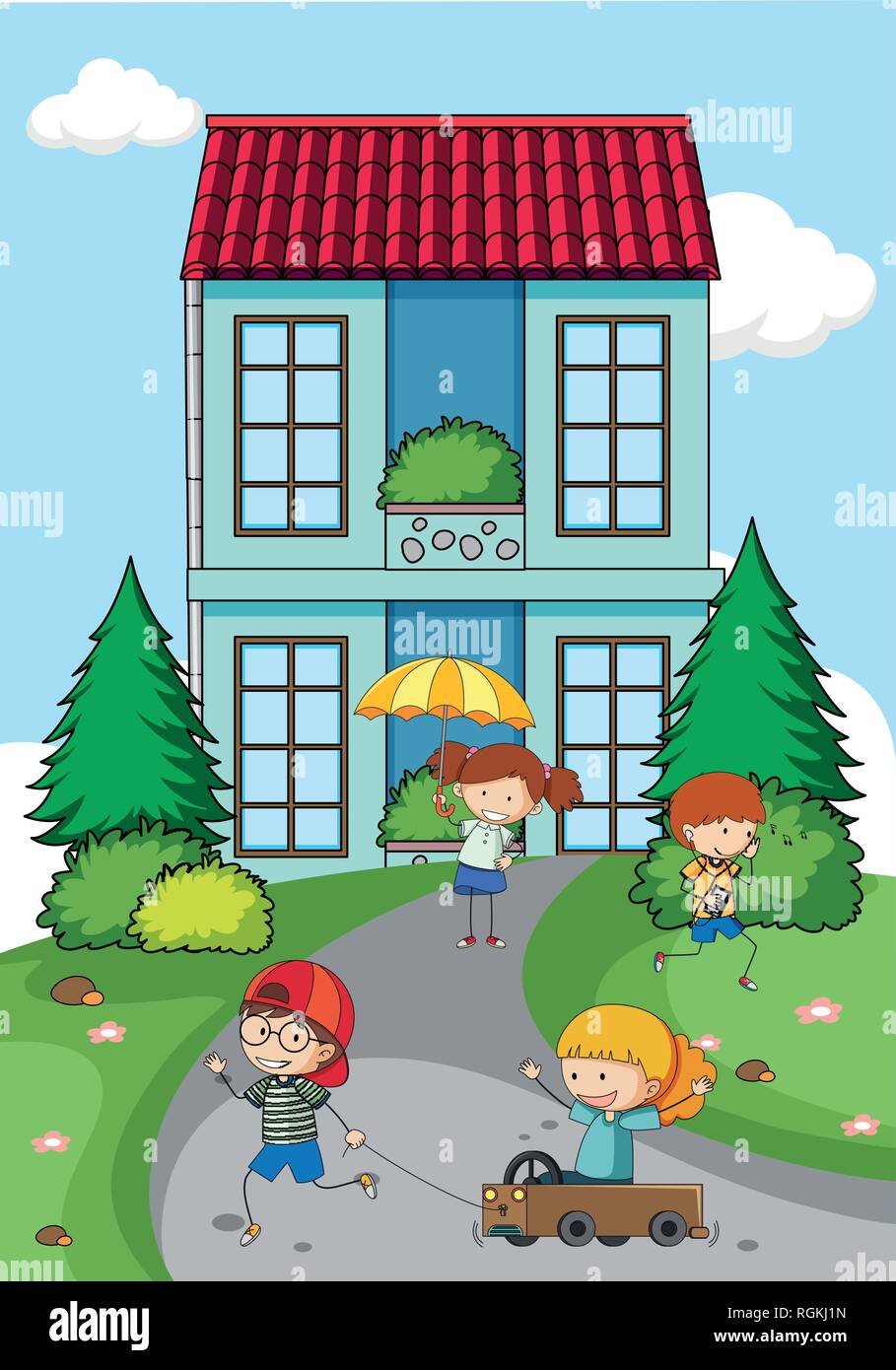 Children playing in front of house illustration Stock Vector Image ...