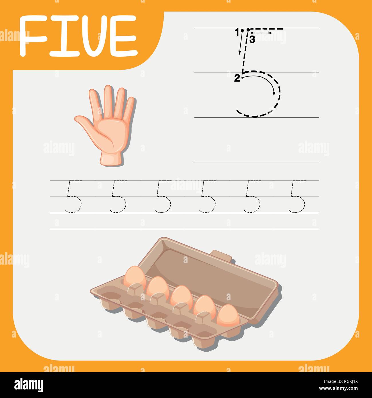 Number five tracing worksheets illustration Stock Vector