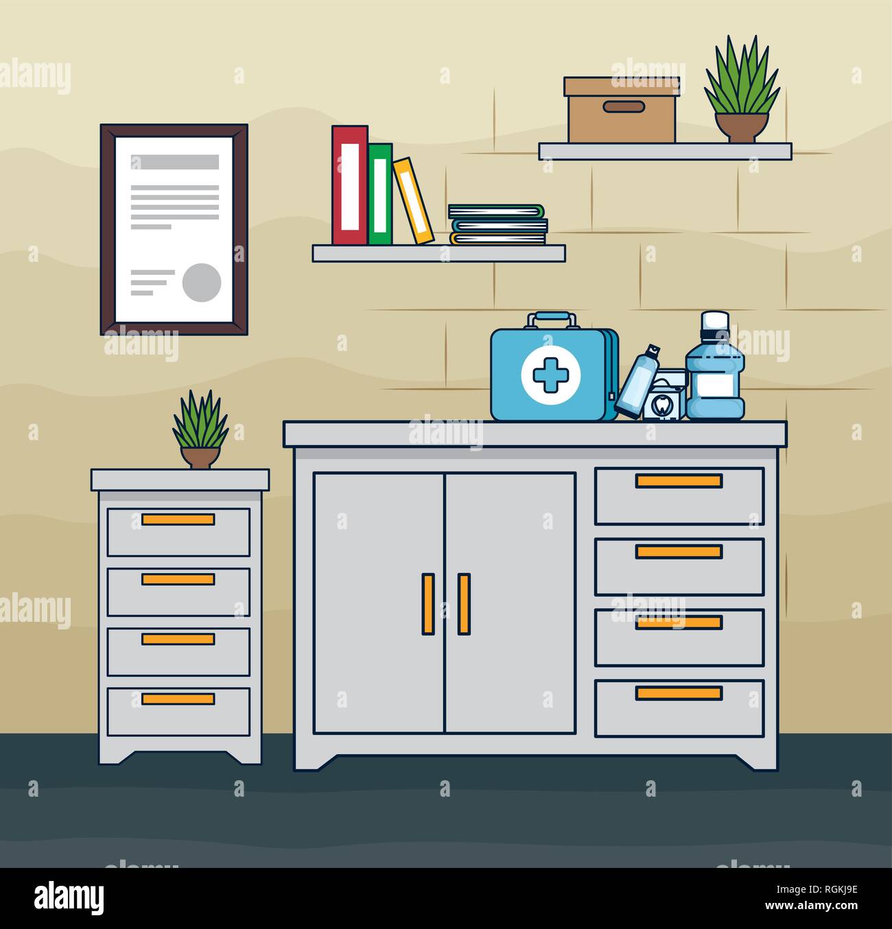 dentist office with mouthwash and toothpaste with toothbrush Stock