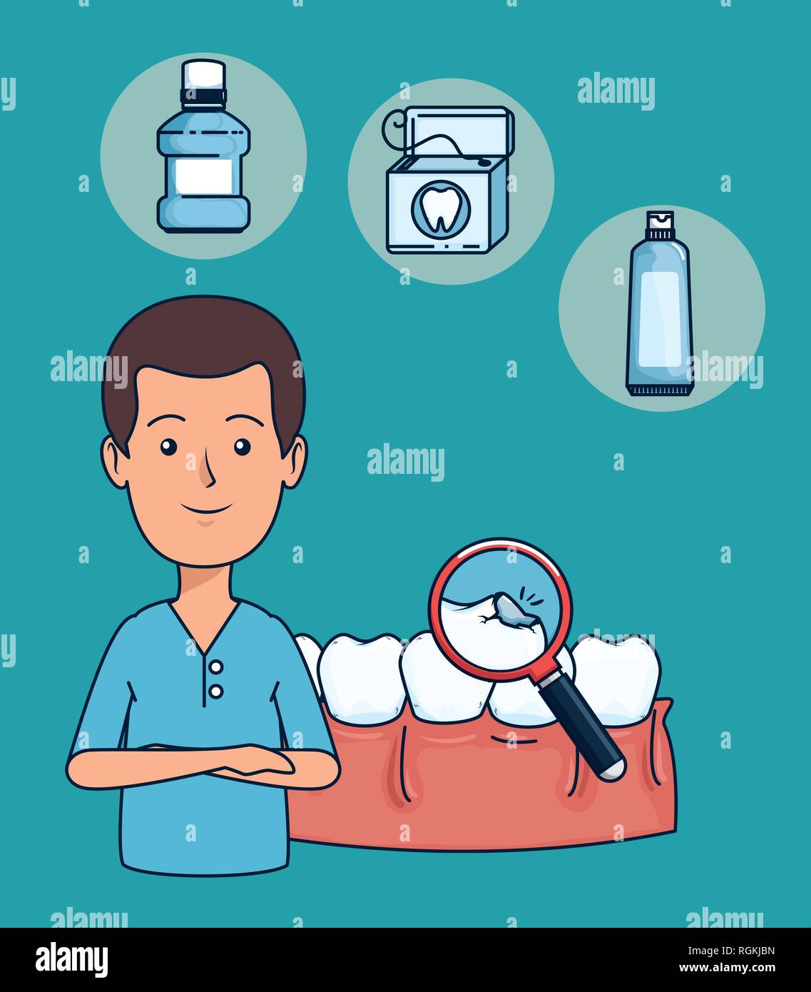 dentist man with teeth diagnosis and magnifying glass Stock Vector ...