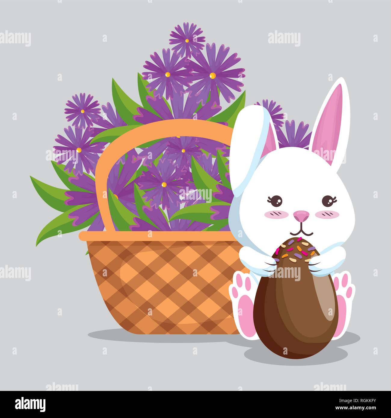 rabbit with chocolate eggs and flowers inside basket Stock Vector