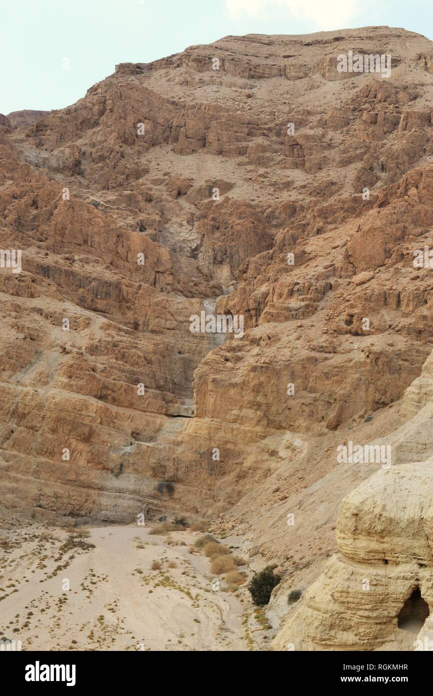 Qumran caves in Qumran National Park, where the dead sea scrolls were found Stock Photo