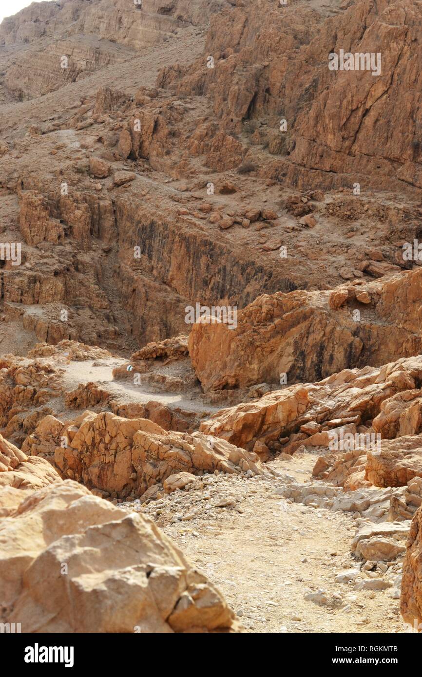 Qumran caves in Qumran National Park, where the dead sea scrolls were found Stock Photo