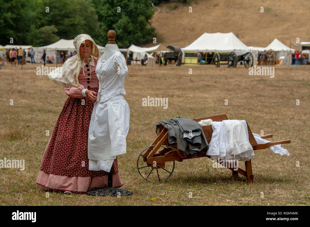 Duncan Mills, CA - July 14, 2018: Lady dressed in costume at a civil war re-enactement. The Civil War Days is one of the largest reenactment events on Stock Photo