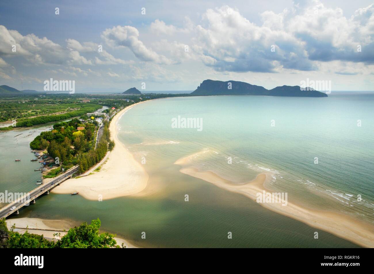 Aerial view of the Prachuap town seafront and Prachuap bay in Prachuap Khiri Khan province of Thailand Stock Photo
