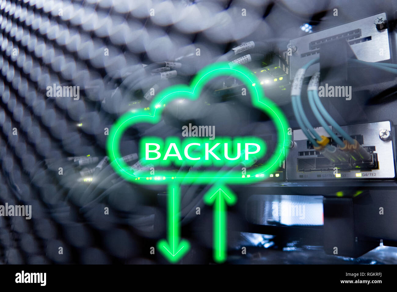 Backup button on modern server room background. Data loss prevention ...