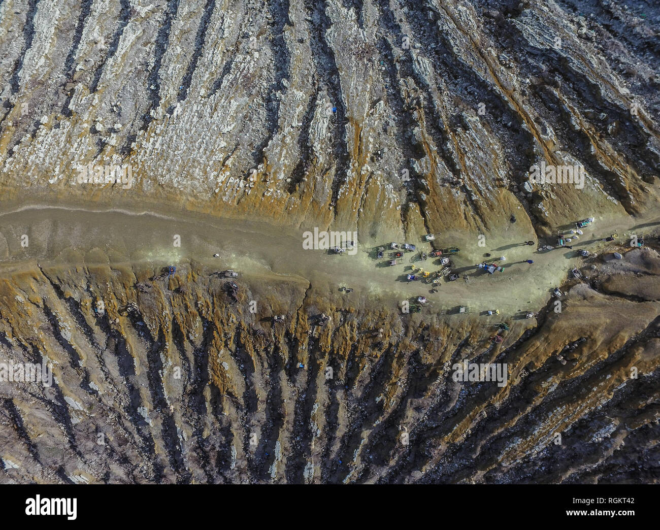 The unique pattern on the top of Ijen volcano. The pattern formed by rain water erosion on the side of Kawah Ijen. Stock Photo