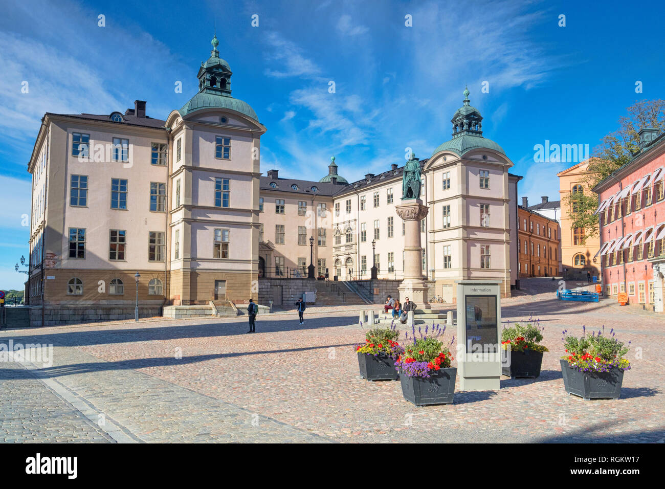 16 September 2018: Stockholm, Sweden - Palace of Wrangel, which houses the court of appeal,  island of Riddarholmen. The statue is of Birger Jarl... Stock Photo