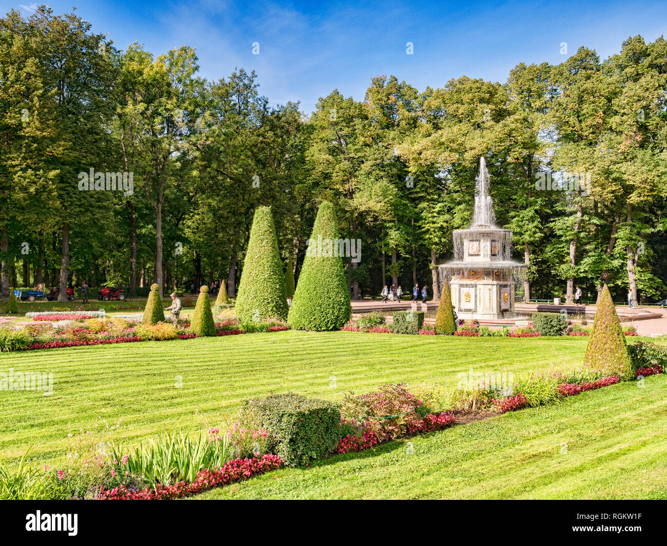 18 September 2018: St Petersburg, Russia - Peterhof Palace Gardens, with topiary and Wedding Cake Fountain. Stock Photo