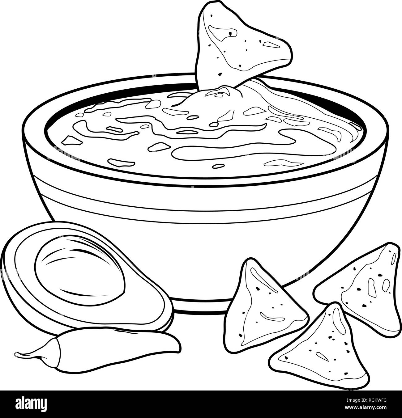 Bowl of avocado guacamole and nachos chips. Vector black and white coloring book page Stock Vector