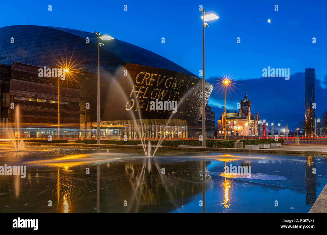The Wales Millennium Centre, Pierhead Building, Water Tower and the Flourish Fountain, Cardiff Bay, Wales Stock Photo