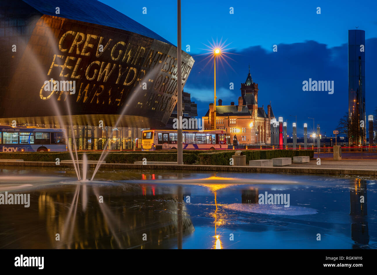 The wales Millennium Centre, Pierhead Building, Water Tower and the Flourish Fountain, Cardiff Bay, Wales Stock Photo