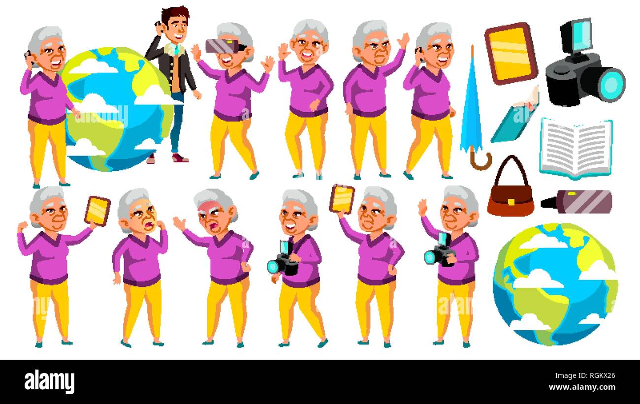Asian Old Woman Poses Set Vector. Elderly People. Senior Person. Aged. Positive Pensioner. Web, Brochure, Poster Design. Isolated Cartoon Illustration Stock Vector