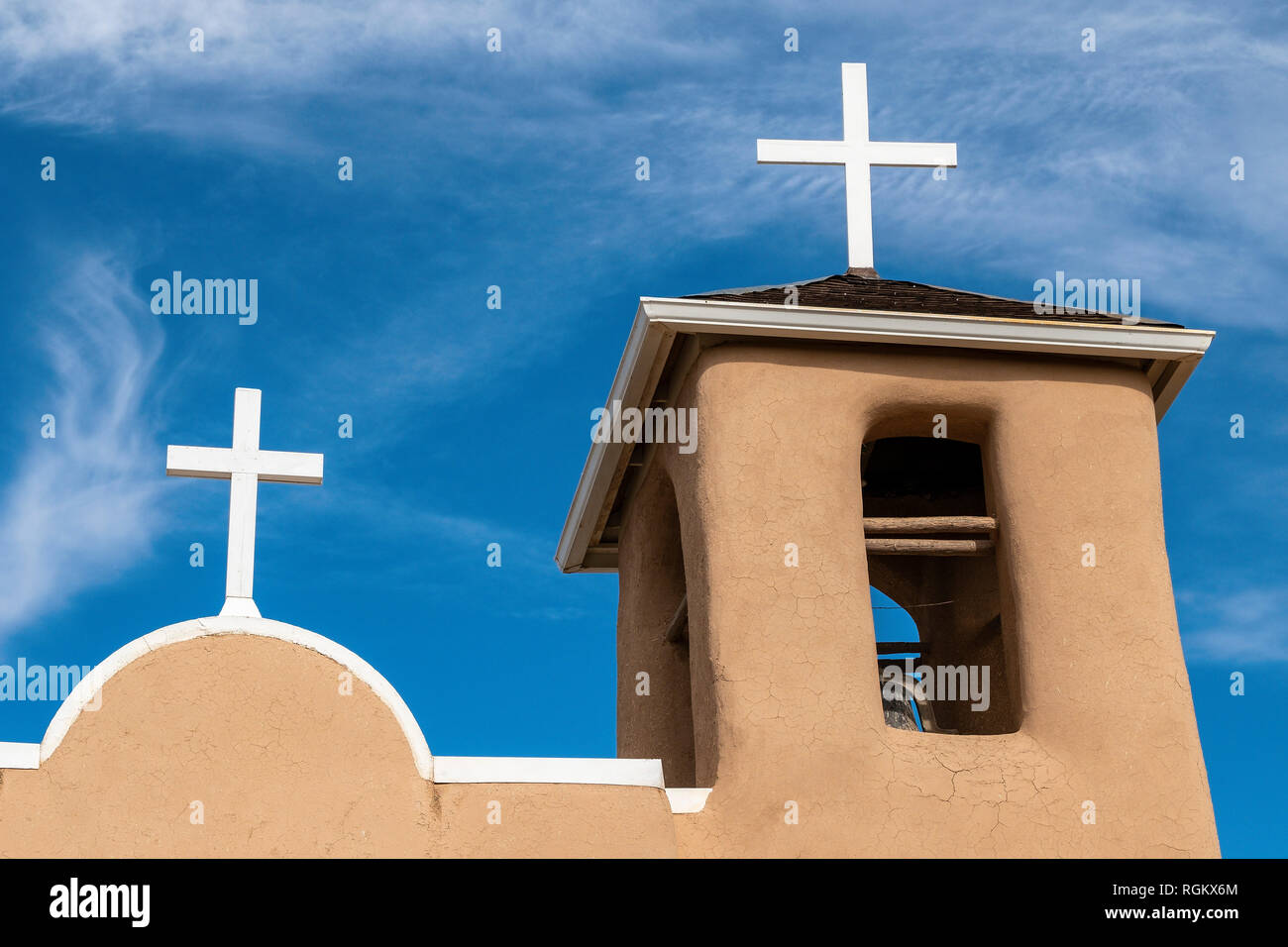 White crosses on the adobe San Francisco de Asis church in Ranchos de Taos, New Mexico, USA Stock Photo